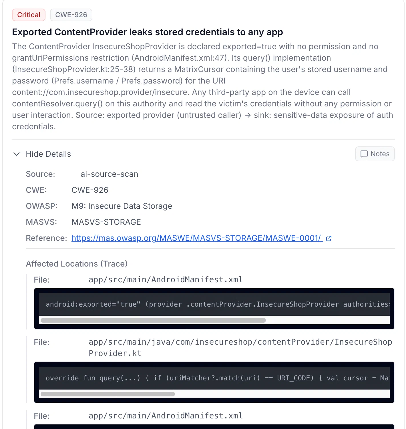 A critical finding traced across source files, with its CWE, OWASP and MASVS mapping