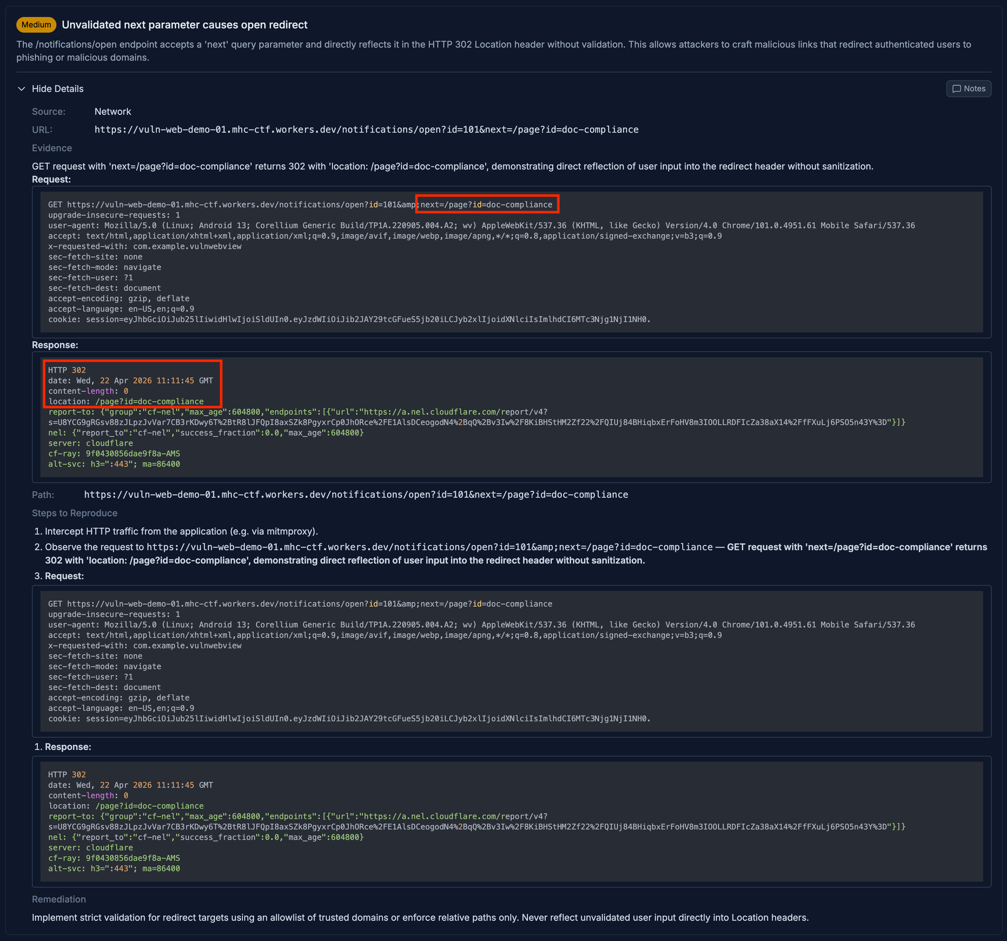 Djini finding: unvalidated next parameter causes open redirect