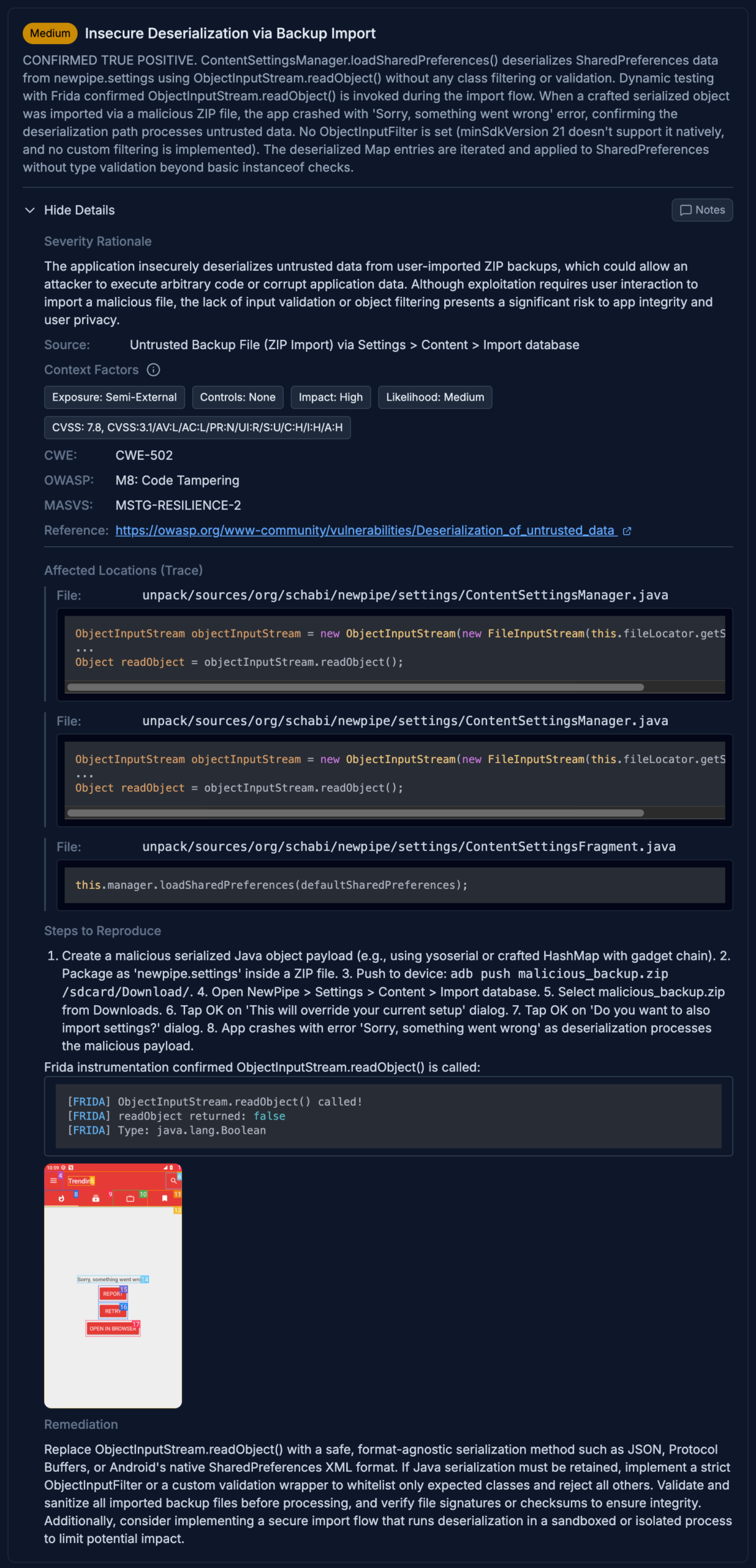 Djini.AI scan report for NewPipe v0.26.1 showing deserialization findings