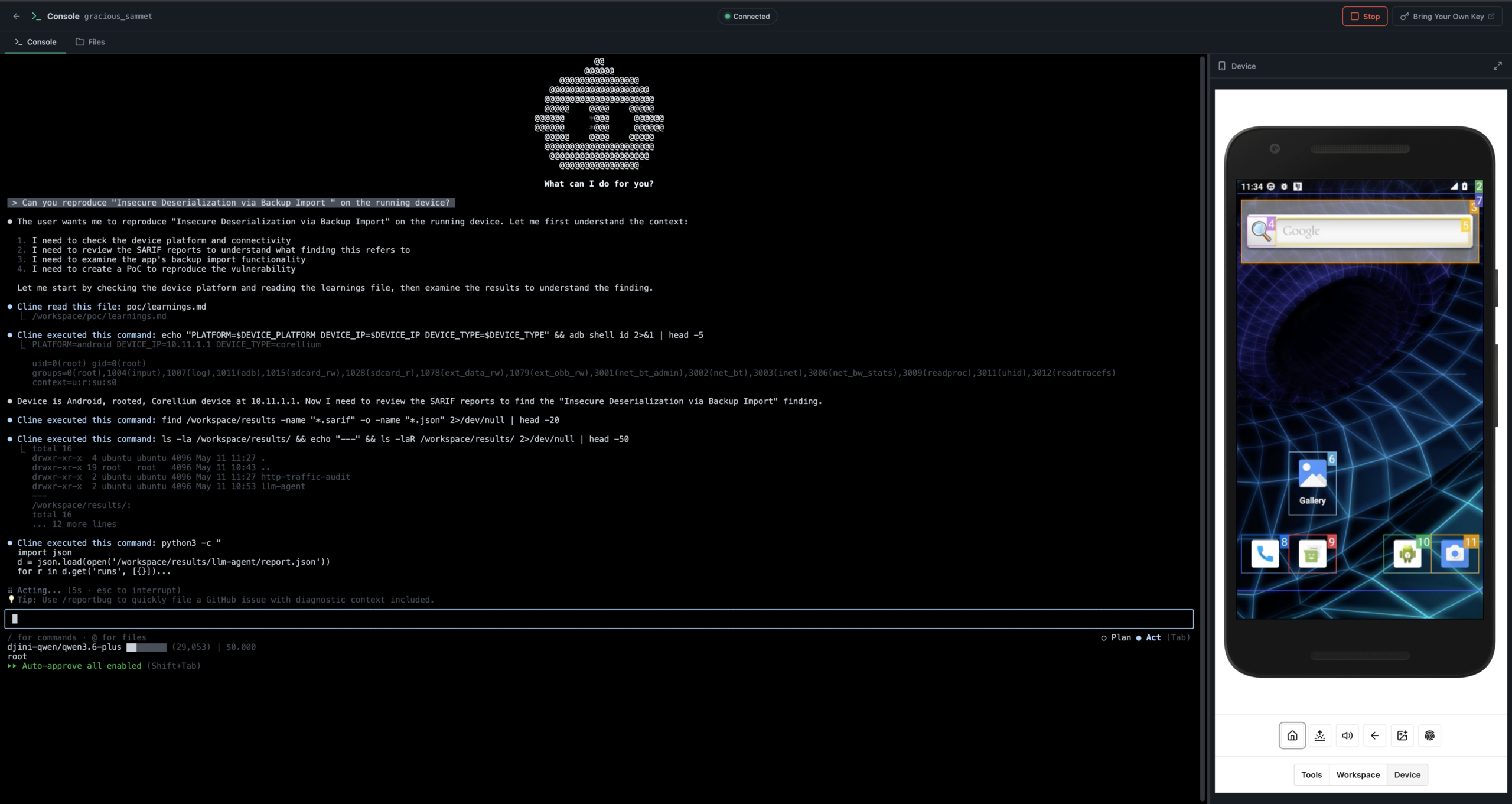 Djini Console — agent connecting to the device and reading SAST findings