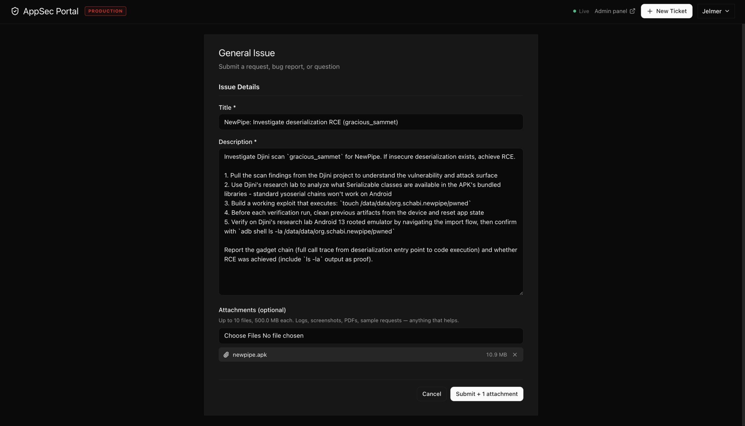AppSec Portal — creating an autonomous RCE research ticket