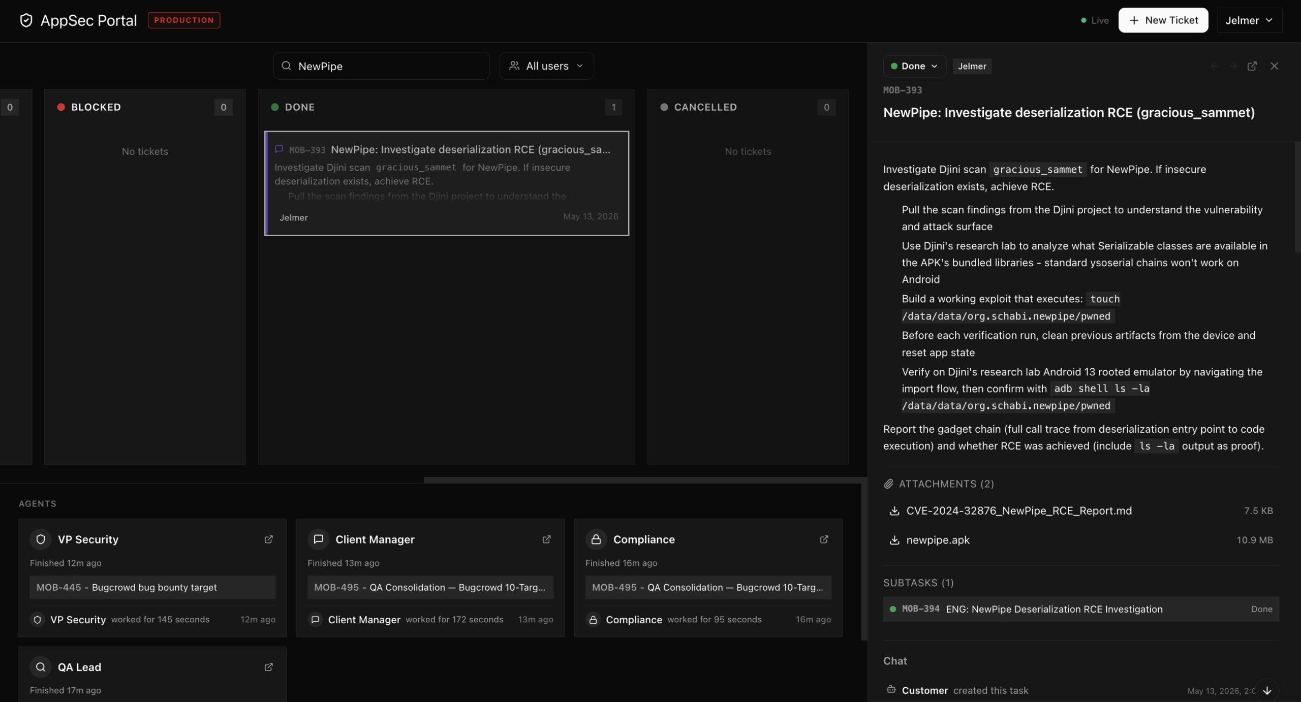 AppSec Portal — ticket assigned to AI agents