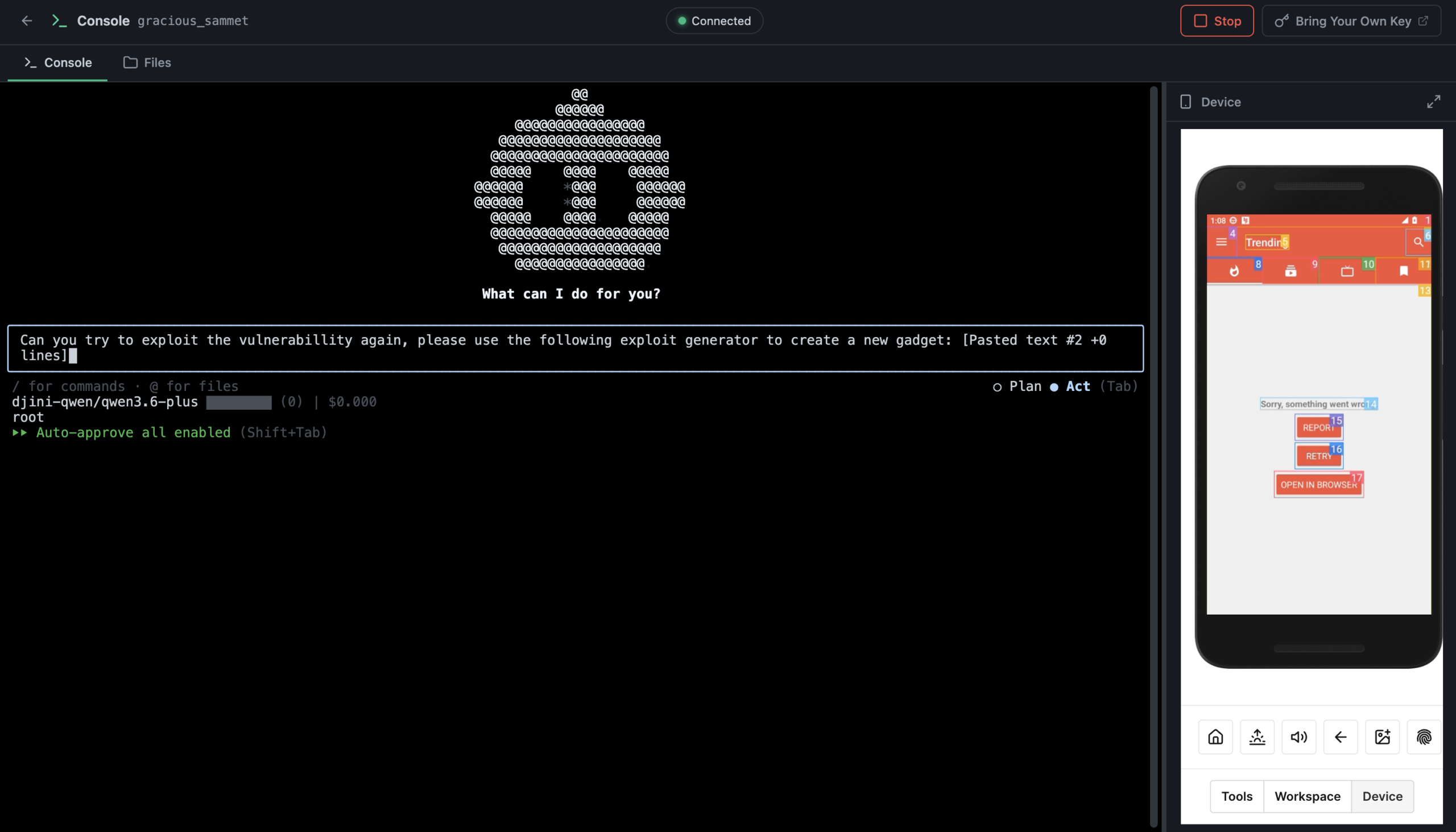 Djini Console — compiling and deploying the exploit to the test device