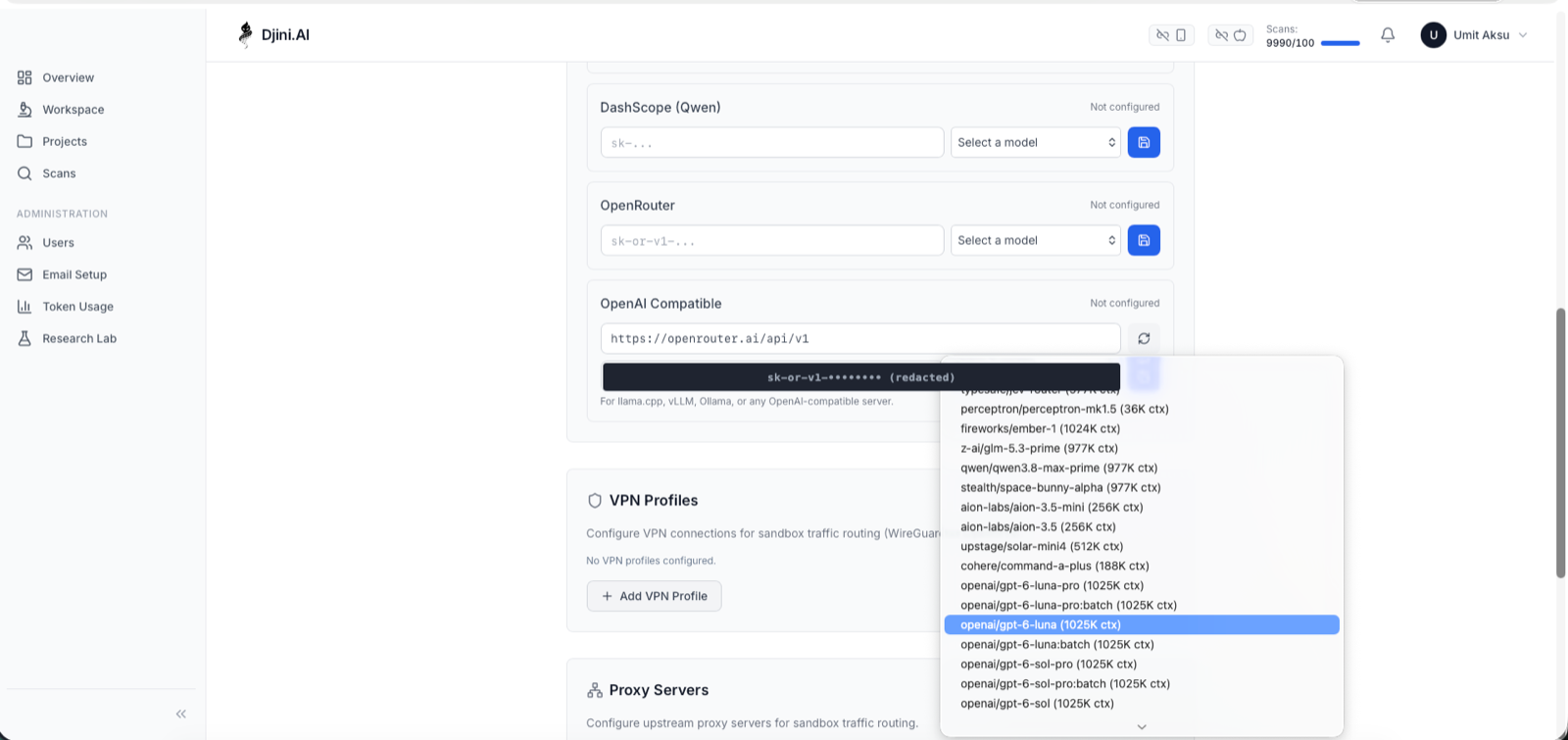 Djini Bring Your Own Key settings showing the OpenAI Compatible card filled with an OpenRouter base URL, a redacted API key, and an open model dropdown listing live provider models.