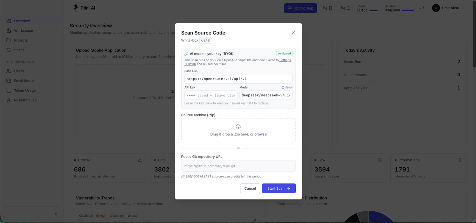 Scan Source Code dialog showing the white-box AI SAST badge, a configured BYOK panel with base URL and model, a drag-and-drop area for a source zip, a field for a public git repository URL, and the remaining AI SAST source-scan credits.