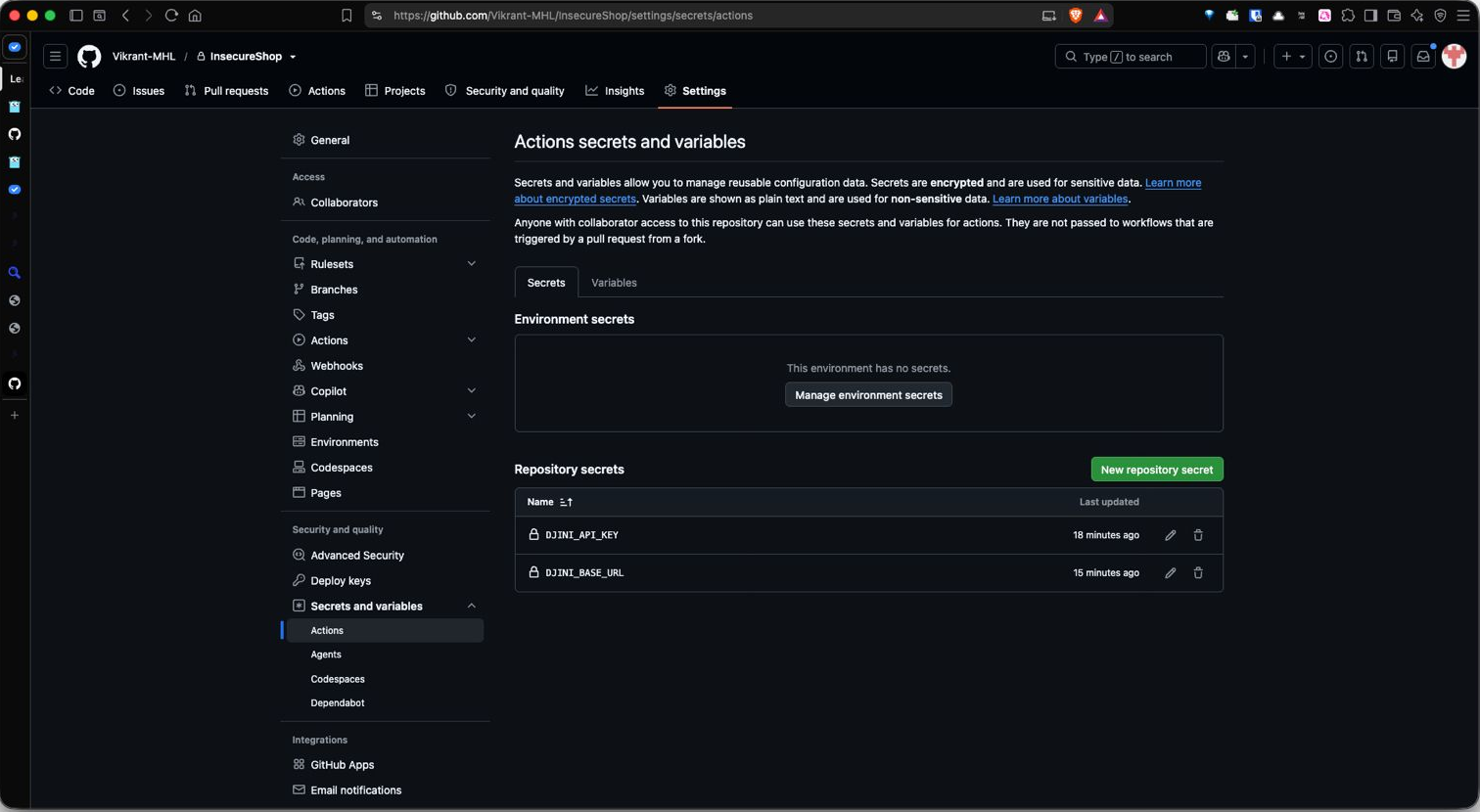 GitHub repository Actions secrets and variables page showing DJINI_API_KEY and DJINI_BASE_URL listed under Repository secrets.