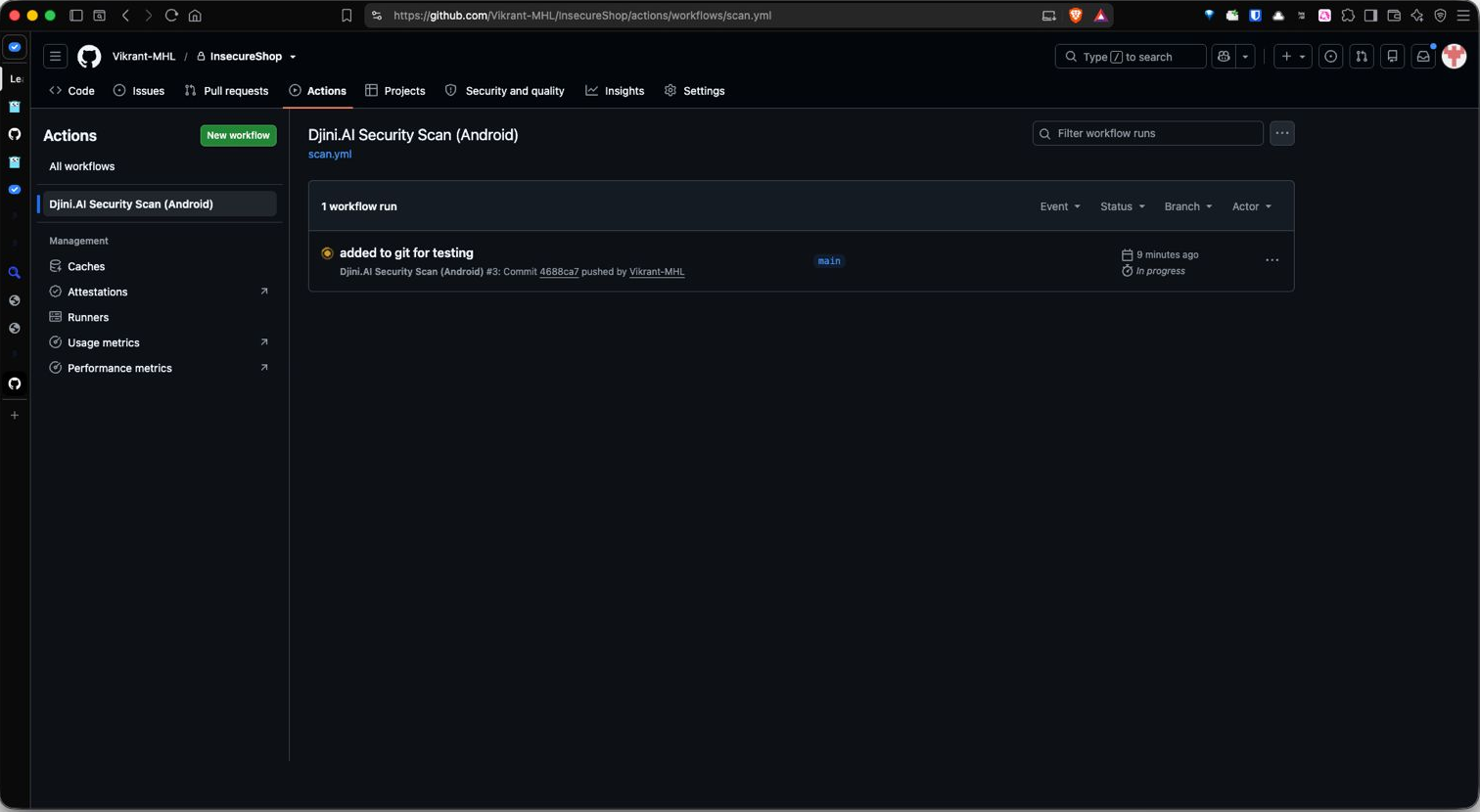 GitHub Actions page listing the Djini.AI Security Scan (Android) workflow from scan.yml, with one in-progress run on the main branch.
