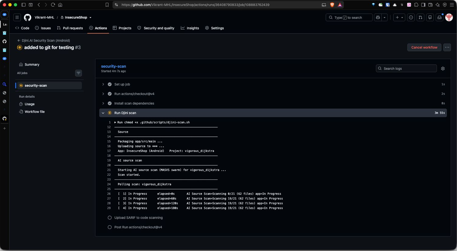 Expanded GitHub Actions job log for the Run Djini scan step, showing the source being packaged and uploaded, the AI source scan starting, and the poll loop reporting scanning progress with elapsed time.